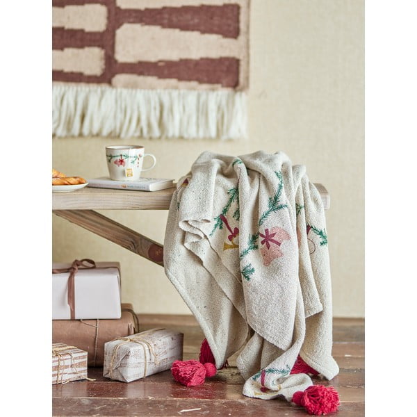 Kreminės spalvos antklodė ir pledas su Kalėdų motyvu 130x160 cm Yule – Bloomingville-image-1
