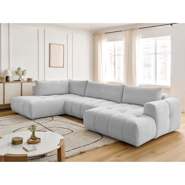 Šviesiai pilkos spalvos sulankstoma/su sandėliavimo vieta kampinė sofa (su kairiuoju kampu/„U“ formos) Fuji – Bobochic Paris-image-1