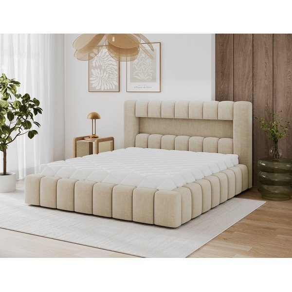 Smėlio spalvos dvigulė lova dengta audiniu su sandėliavimo vieta su lovos grotelėmis 160x200 cm Lamica – ELTAP-image-2