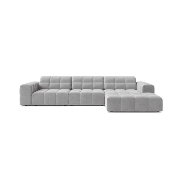 Šviesiai pilkos spalvos kampinė sofa iš velveto (su dešiniuoju kampu/su gultu) Chicago – Cosmopolitan Design