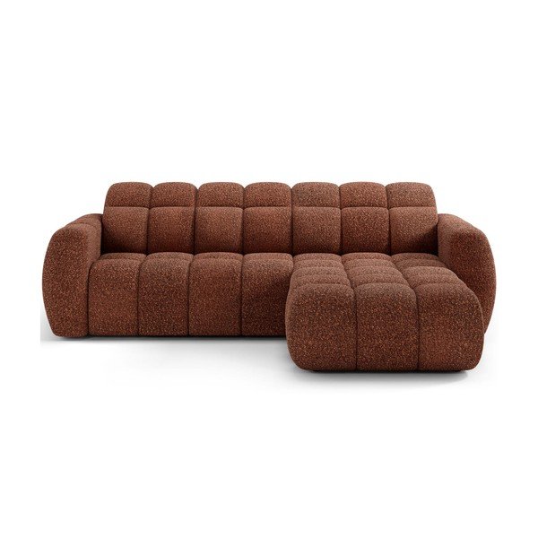 Raudonos spalvos kampinė sofa iš boucle (su dešiniuoju kampu/su gultu) Fanito – ELTAP