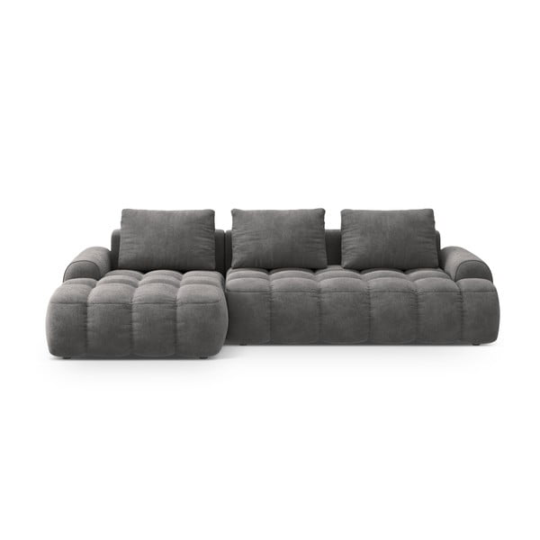 Pilkos spalvos iš velveto sulankstoma/su sandėliavimo vieta kampinė sofa (su kairiuoju kampu/su gultu) Linz – Cosmopolitan Design