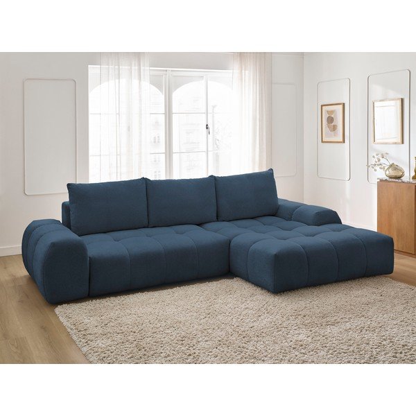 Tamsiai mėlynos spalvos iš šenilinio audinio sulankstoma/su sandėliavimo vieta kampinė sofa (su dešiniuoju kampu/su gultu) Everest – Bobochic Paris-image-1