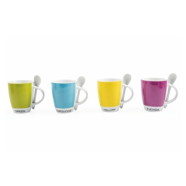 4 spalvotų puodelių su šaukštu rinkinys Villa d'Este Paint, 320 ml