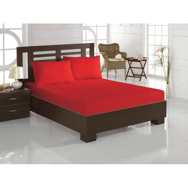 Raudonos spalvos paklodės ir 2 pagalvių rinkinys su medvilnės mišiniu dvigulei lovai "Eponj Home" Raudona medvilnė, 160 x 200 cm