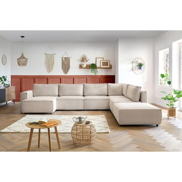 Kampinė sofa kreminės spalvos iš kordinio velveto (su dešiniuoju kampu/„U“ formos) Nihad modular – Bobochic Paris-image-1