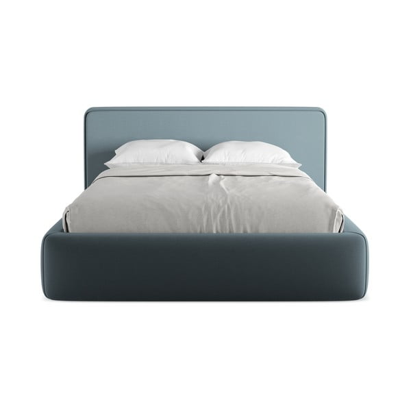 Mėlynos spalvos dvigulė lova audiniu dengta su sandėliavimo vieta su lovos grotelėmis 140x200 cm Kiana – Makamii-image-4