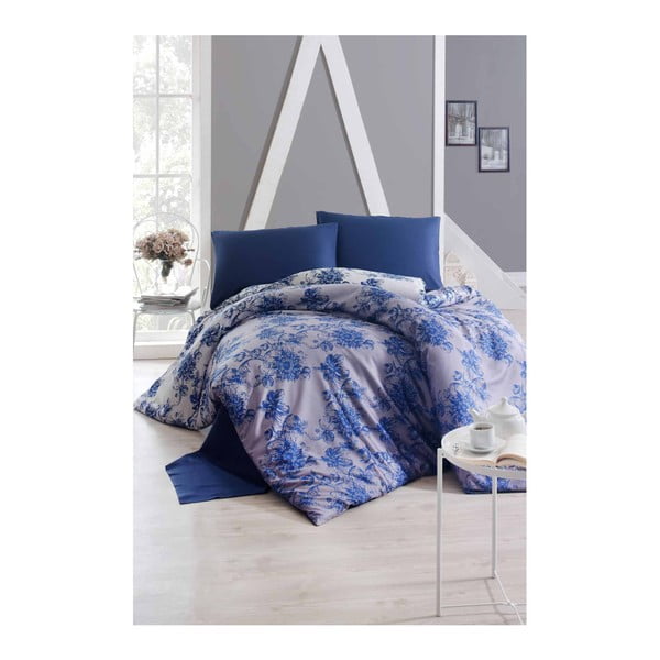 Medvilninio satino patalynė su paklode dvivietei lovai "Monica Blue", 200 x 220 cm