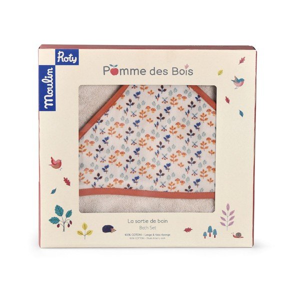 Kreminis medvilninis kūdikių rankšluostis su gobtuvu 80x80 cm Pomme des Bois - Moulin Roty-image-4