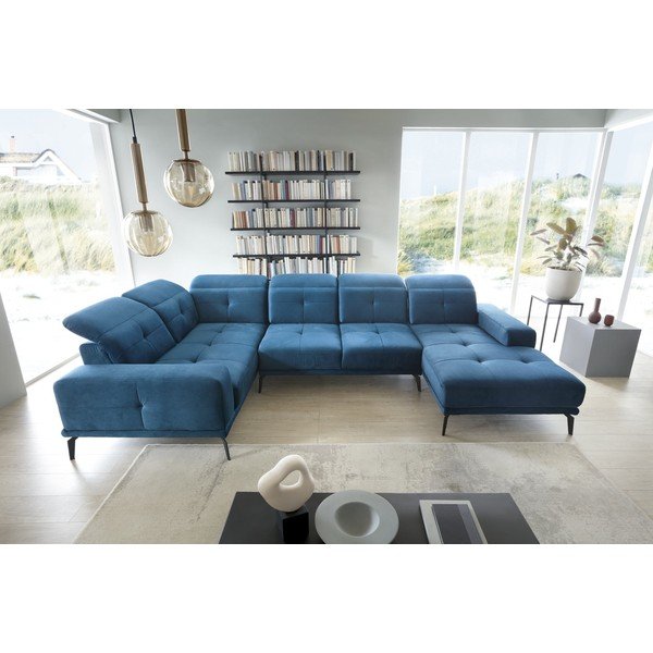 Mėlynos spalvos iš velveto kampinė sofa (su kairiuoju kampu/„U“ formos) Neviro – ELTAP-image-1