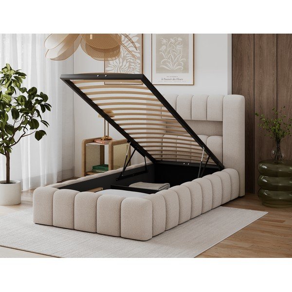 Smėlio spalvos viengulė lova audiniu dengta su sandėliavimo vieta su lovos grotelėmis 90x200 cm Lamica – ELTAP-image-4