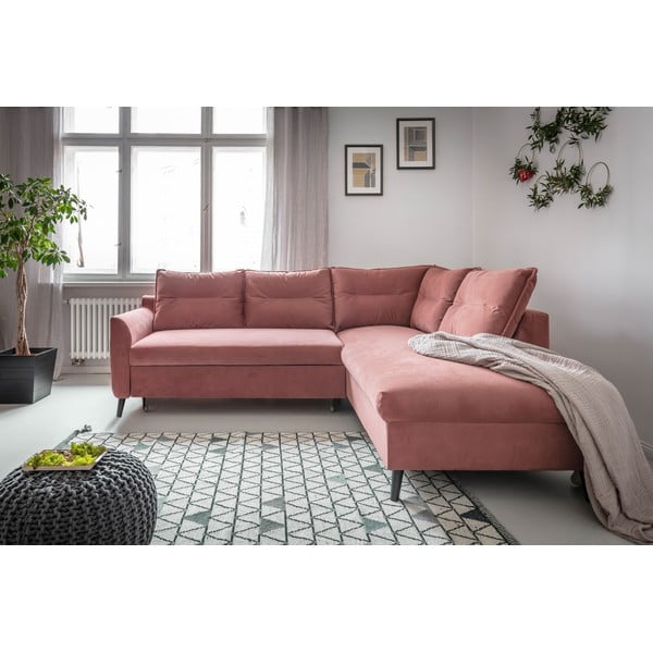 Rožinė velvetinė kampinė sofa-lova Miuform Stylish Stan, dešinysis kampas-image-1