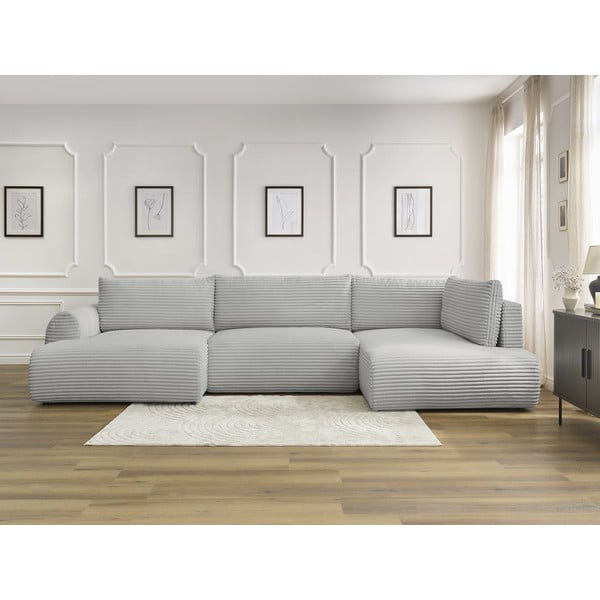 Šviesiai pilkos spalvos sulankstoma/su sandėliavimo vieta kampinė sofa iš kordinio velveto (su dešiniuoju kampu/„U“ formos) Lucien – Bobochic Paris-image-1