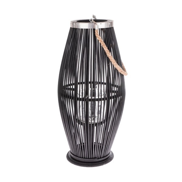 Juodos spalvos stiklo žibintas su bambuko konstrukcija Dakls, aukštis 59 cm