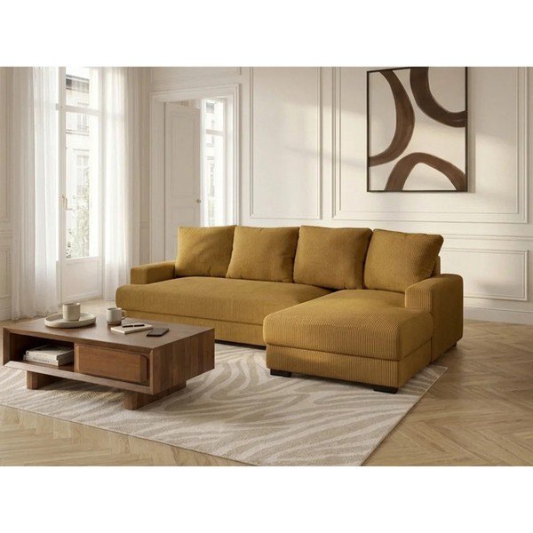 Geltonos spalvos sulankstoma/su sandėliavimo vieta kampinė sofa iš kordinio velveto (su dešiniuoju kampu/su gultu) Campi – Bobochic Paris-image-2