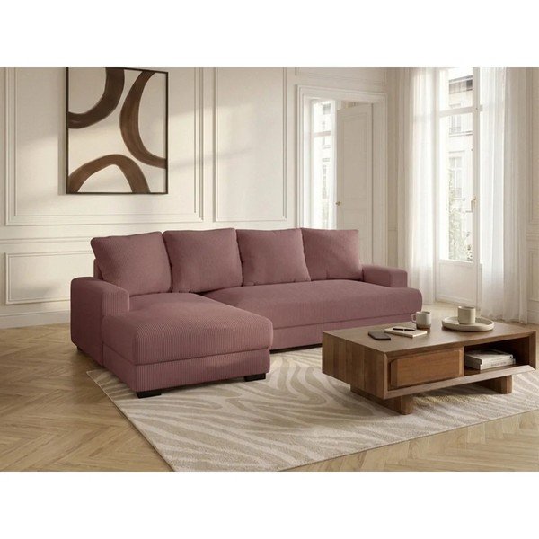 Rožinės spalvos sulankstoma/su sandėliavimo vieta kampinė sofa iš kordinio velveto (su kairiuoju kampu/su gultu) Campi – Bobochic Paris-image-3