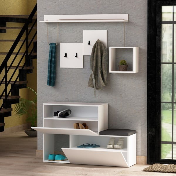 Balta batų lentyna / suolas ir sieninė kabykla su lentyna Homitis Holdon-image-2