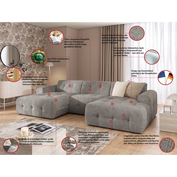 Pilkos spalvos kampinė sofa („U“ formos/su gultu) Melva – Ropez-image-2