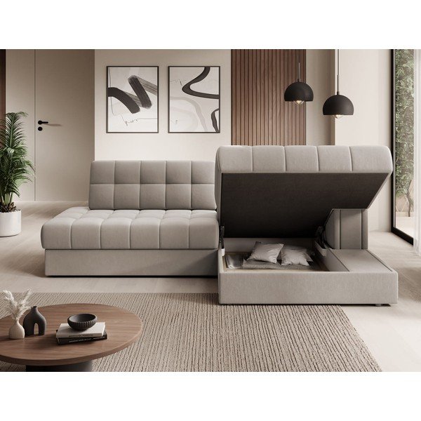 Smėlio spalvos iš velveto sulankstoma kampinė sofa (su dešiniuoju kampu/su gultu) Blezalt – ELTAP-image-4