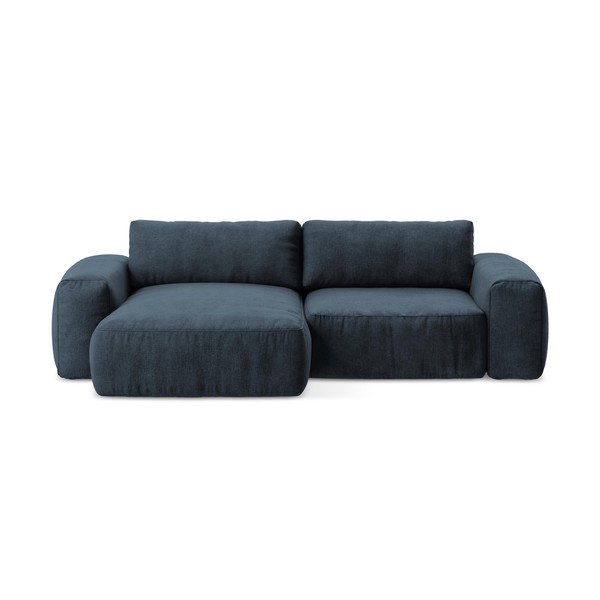 Tamsiai mėlynos spalvos sulankstoma kampinė sofa iš šenilinio audinio (su kairiuoju kampu/su gultu) Kuki – Makamii