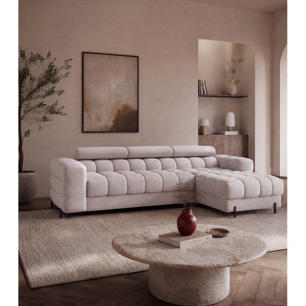 Smėlio spalvos iš velveto sulankstoma/su sandėliavimo vieta kampinė sofa (su dešiniuoju kampu/su gultu) Felro – ELTAP-image-1