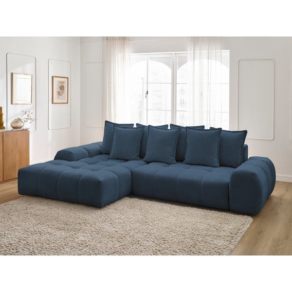 Tamsiai mėlynos spalvos iš šenilinio audinio sulankstoma/su sandėliavimo vieta kampinė sofa (su kairiuoju kampu/su gultu) Everest – Bobochic Paris-image-1