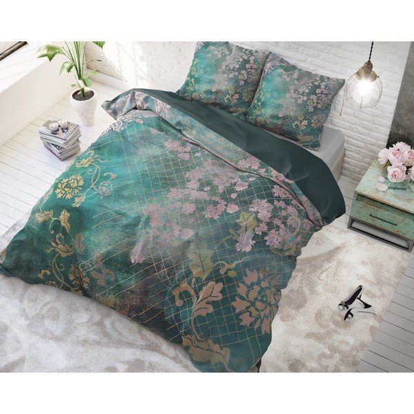 Žalia medvilninė viengulė patalynė Pure Cotton Tiran Flower, 140 x 200 cm-image-1