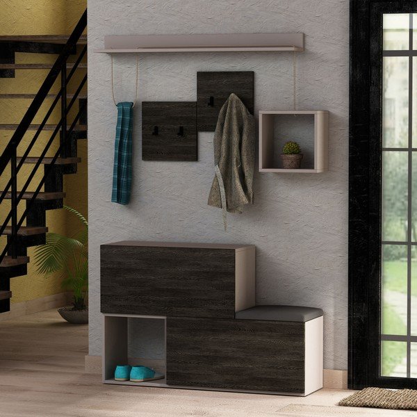 Tamsiai pilkos spalvos batų lentynos / suoliuko ir sieninės lentynos su lentynomis rinkinys Homitis Holdon-image-1