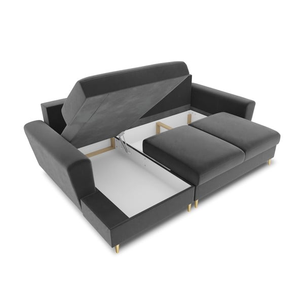 Šviesiai pilkos spalvos iš velveto sulankstoma/su sandėliavimo vieta kampinė sofa (su kairiuoju kampu/su gultu) Kyoto – Cosmopolitan Design-image-3