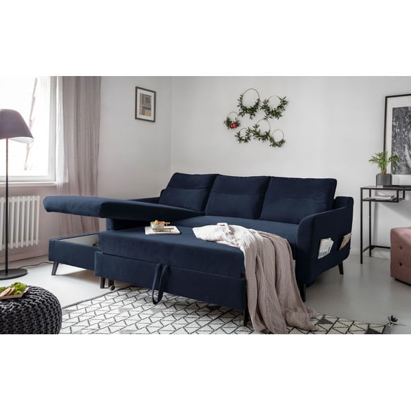 Tamsiai mėlyna velvetinė kampinė sofa-lova Miuform Stylish Stan, kairysis kampas-image-4
