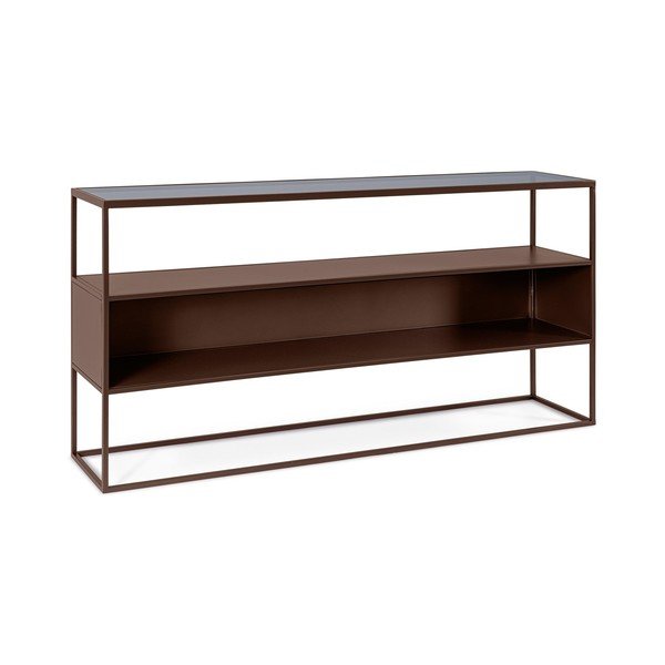 Tamsiai rudos spalvos konsolinis staliukas su stikliniu stalviršiu 30x140 cm Godric – Bizzotto-image-2