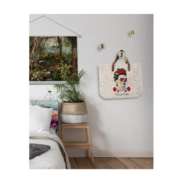Drobės krepšys su dirbtinės odos rankena Madre Selva Frida Skull, 55 x 40 cm-image-1