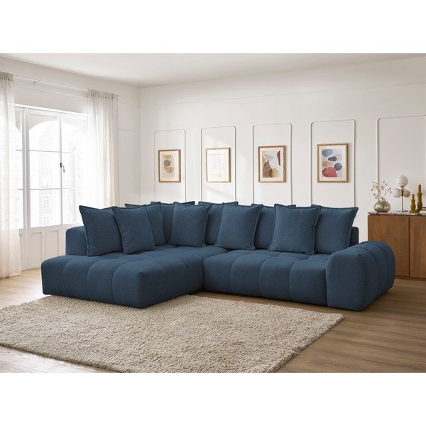 Tamsiai mėlynos spalvos iš šenilinio audinio sulankstoma/su sandėliavimo vieta kampinė sofa (su kairiuoju kampu/„L“ formos) Everest – Bobochic Paris-image-1