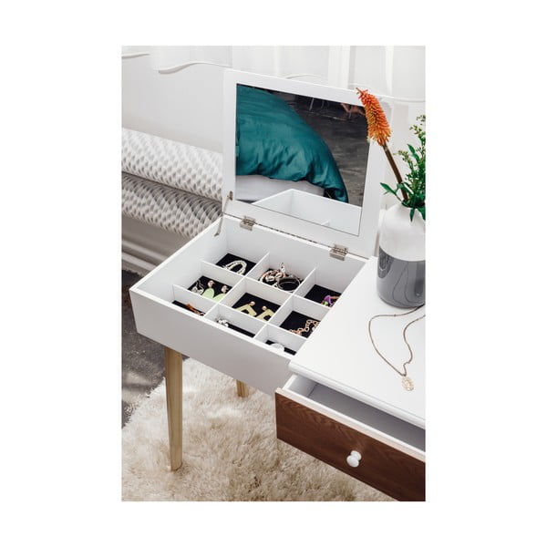 Baltas tualetinis staliukas su veidrodžiu, papuošalų dėžute ir taburete Bonami Essentials Beauty-image-2