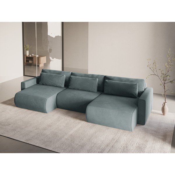 Pilkai mėlynos spalvos iš velveto sulankstoma/su sandėliavimo vieta kampinė sofa („U“ formos) Belfast – Cosmopolitan Design-image-1