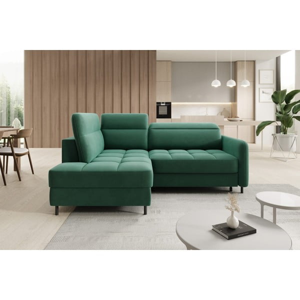 Žalios spalvos iš velveto sulankstoma/su sandėliavimo vieta kampinė sofa (su kairiuoju kampu/„L“ formos) Barea – ELTAP-image-1