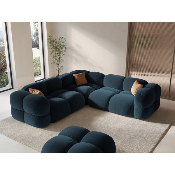 Tamsiai mėlynos spalvos iš velveto kampinė sofa Loretto – Cosmopolitan Design-image-1