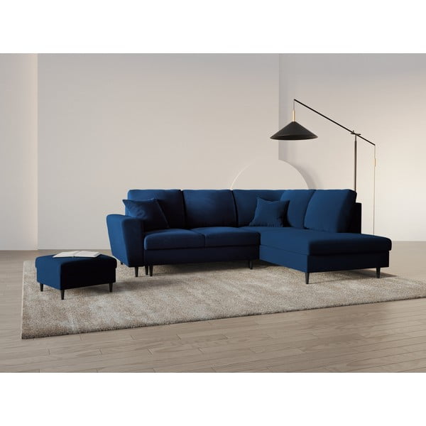 Mėlynos spalvos iš velveto sulankstoma/su sandėliavimo vieta kampinė sofa (su dešiniuoju kampu/„L“ formos) Kyoto – Cosmopolitan Design-image-1