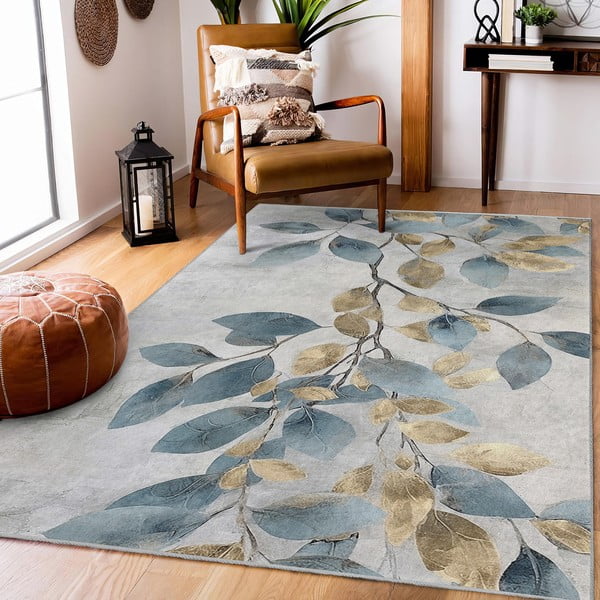 Skalbiamas kilimas šviesiai mėlynos spalvos/auksinės spalvos 160x230 cm Golden Leaves – Mila Home-image-1