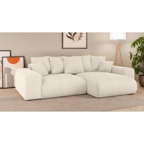 Kreminės spalvos iš kordinio velveto sulankstoma/su sandėliavimo vieta kampinė sofa (kintama) Luma – Ropez-image-1