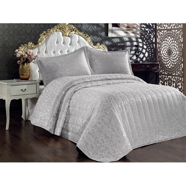 Pilkas medvilninis dygsniuotas antklodės užvalkalas ir pagalvės užvalkalų komplektas dvivietei lovai 260x240 cm Bulut - Mijolnir