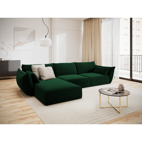 Tamsiai žalios spalvos iš velveto kampinė sofa (su kairiuoju kampu/su gultu) Vanda – Mazzini Sofas-image-1