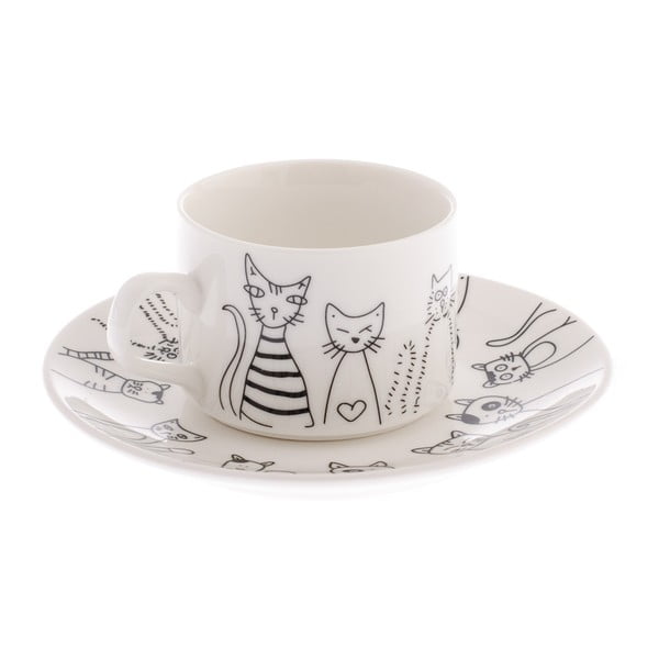 Keraminis puodelis su lėkštele Dakls Cats, 150 ml