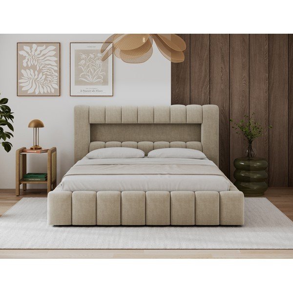 Smėlio spalvos dvigulė lova dengta audiniu su sandėliavimo vieta su lovos grotelėmis 180x200 cm Lamica – ELTAP-image-1