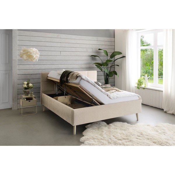 Smėlio spalvos dvigulė lova audiniu dengta su sandėliavimo vieta su lovos grotelėmis 180x200 cm Nova – Meise Möbel-image-2