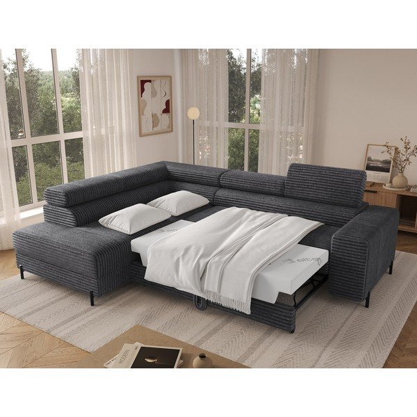 Tamsiai pilkos spalvos kampinė sofa iš kordinio velveto (su kairiuoju kampu/„L“ formos) Colesio – ELTAP-image-2