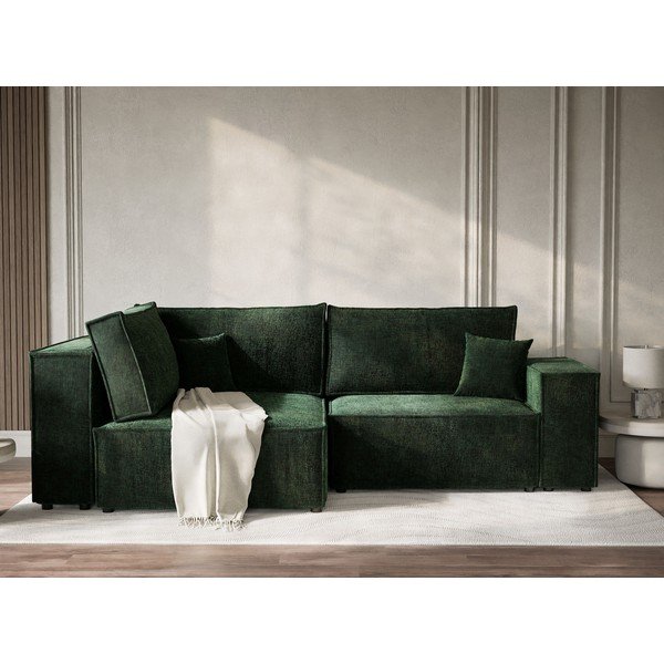 Tamsiai žalios spalvos sulankstoma/su sandėliavimo vieta kampinė sofa iš šenilinio audinio (su kairiuoju kampu/„L“ formos) Tonga – Maison de Rêve-image-1