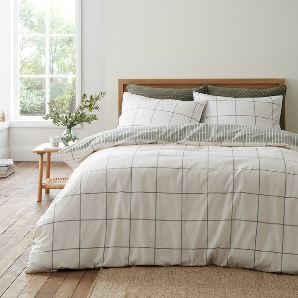 Žalios spalvos/kreminės spalvos iš flanelės viengulė patalynė 135x200 cm Brushed Regal Check – Bianca-image-1