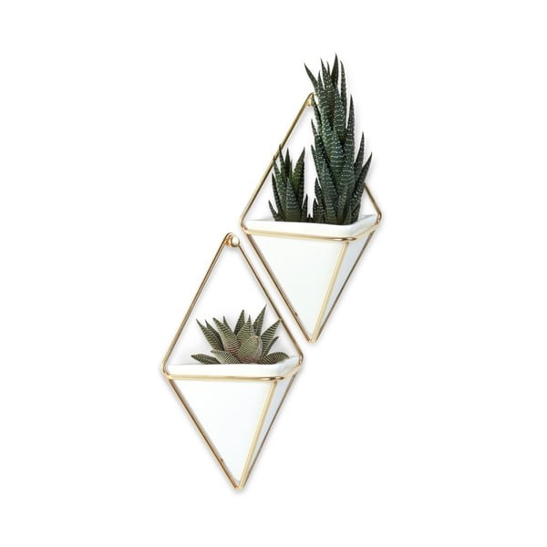 2 baltų keraminių pakabinamų vazonų su aukso spalvos dizainu rinkinys Umbra Trigg -image-3