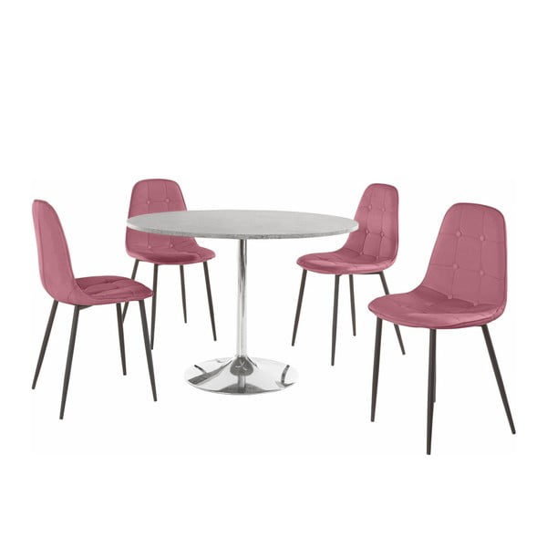 "Støraa Terri" betoninis apvalus valgomojo stalas ir 4 rožinės spalvos kėdės